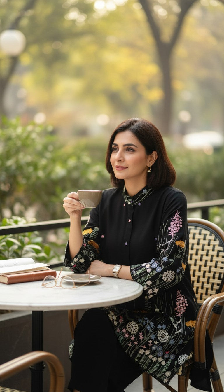 Floral Embroidered black shirt