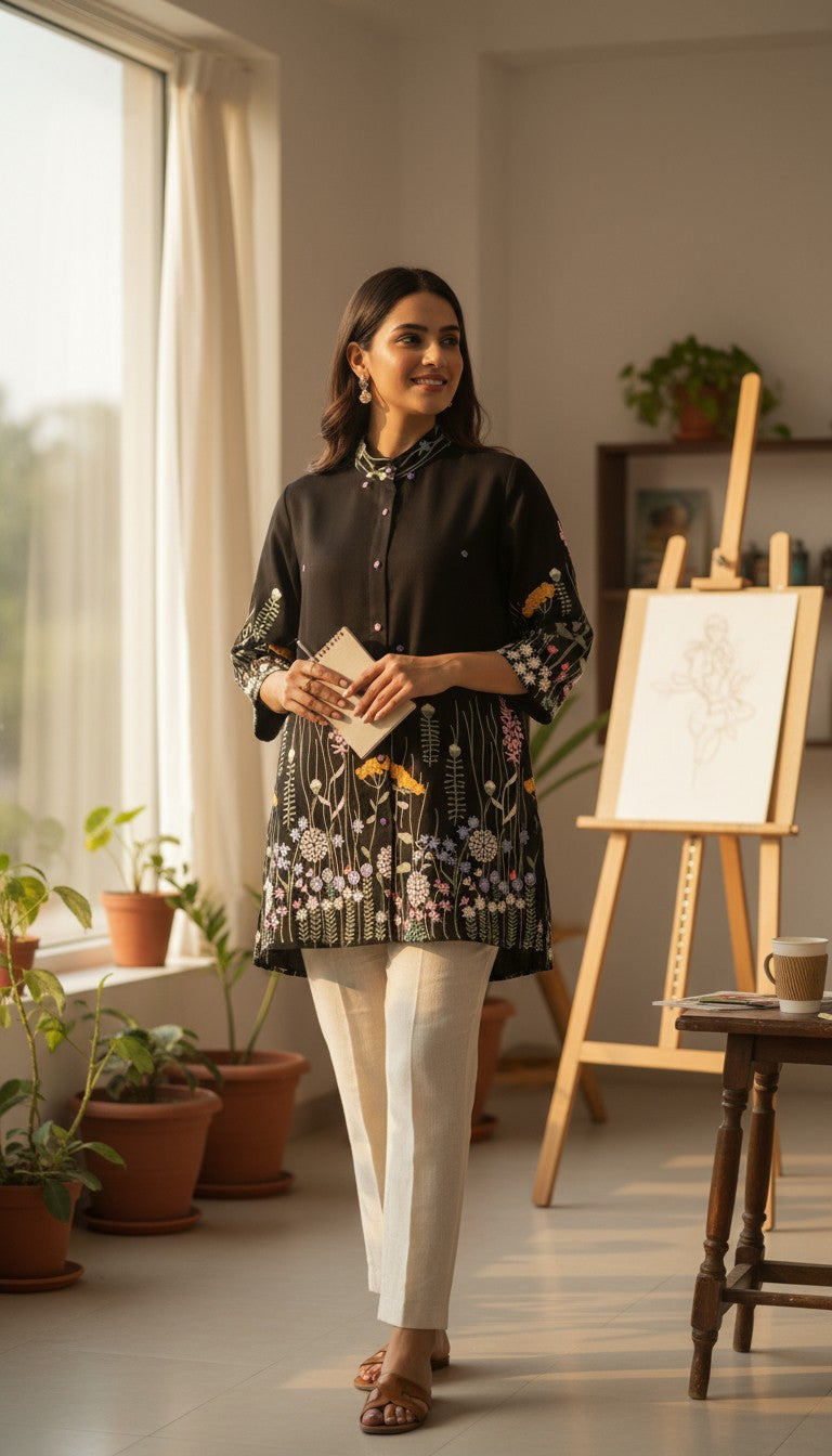 Floral Embroidered black shirt