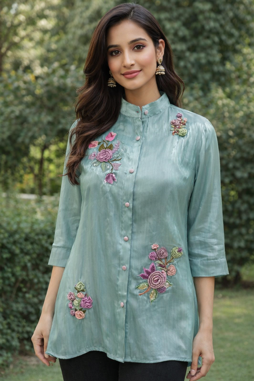 Woman wearing a light blue embroidered Shirt outdoors with greenery in the background