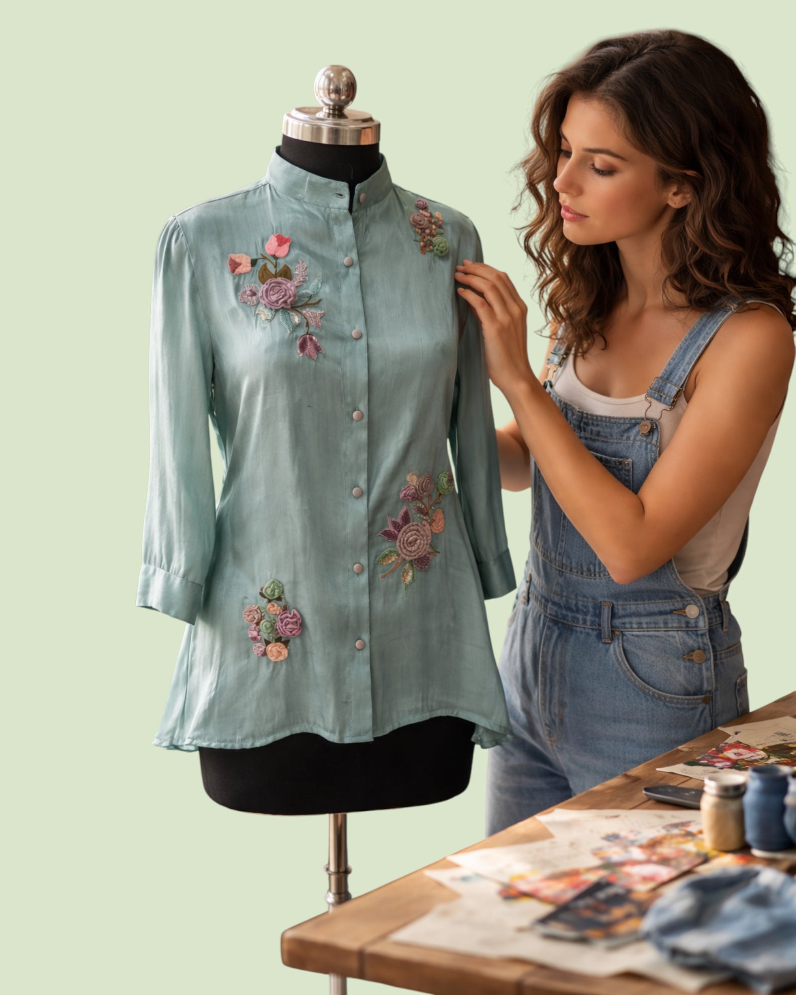 Woman adjusting a floral embroidered shirt on a mannequin against a light green background