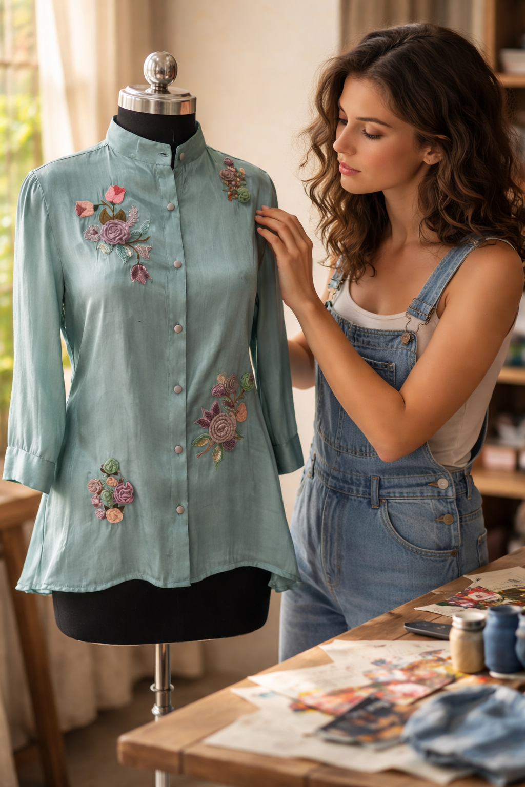 Woman adjusting a light blue Shirt with floral embroidery on a mannequin in a workshop.