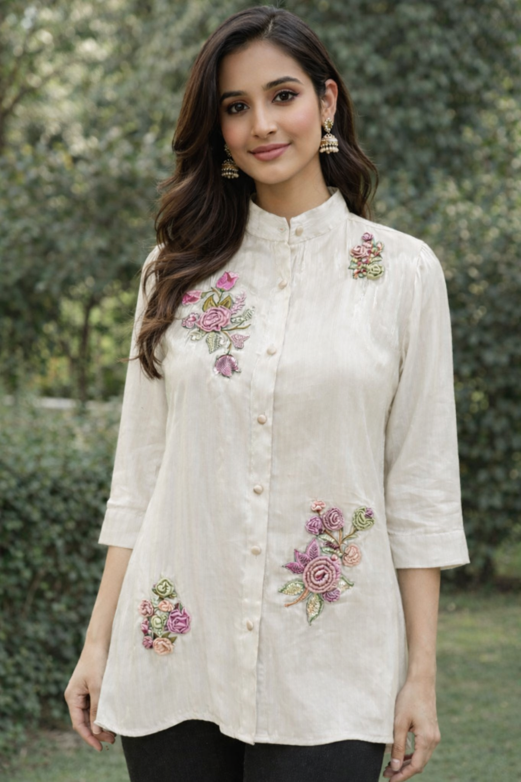 Woman wearing a white embroidered Shirt outdoors with greenery in the background