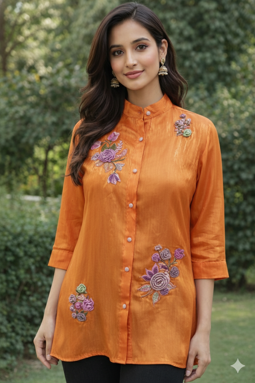 Woman wearing an orange embroidered shirt with a blurred green background