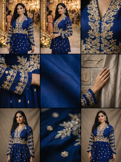 Collage of a blue embroidered dress with close-up details and the dress worn by a model.
