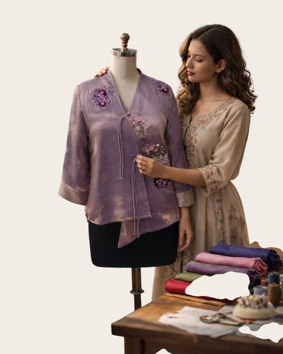 Woman standing next to a mannequin wearing a purple embroidered jacket with fabric on a table.