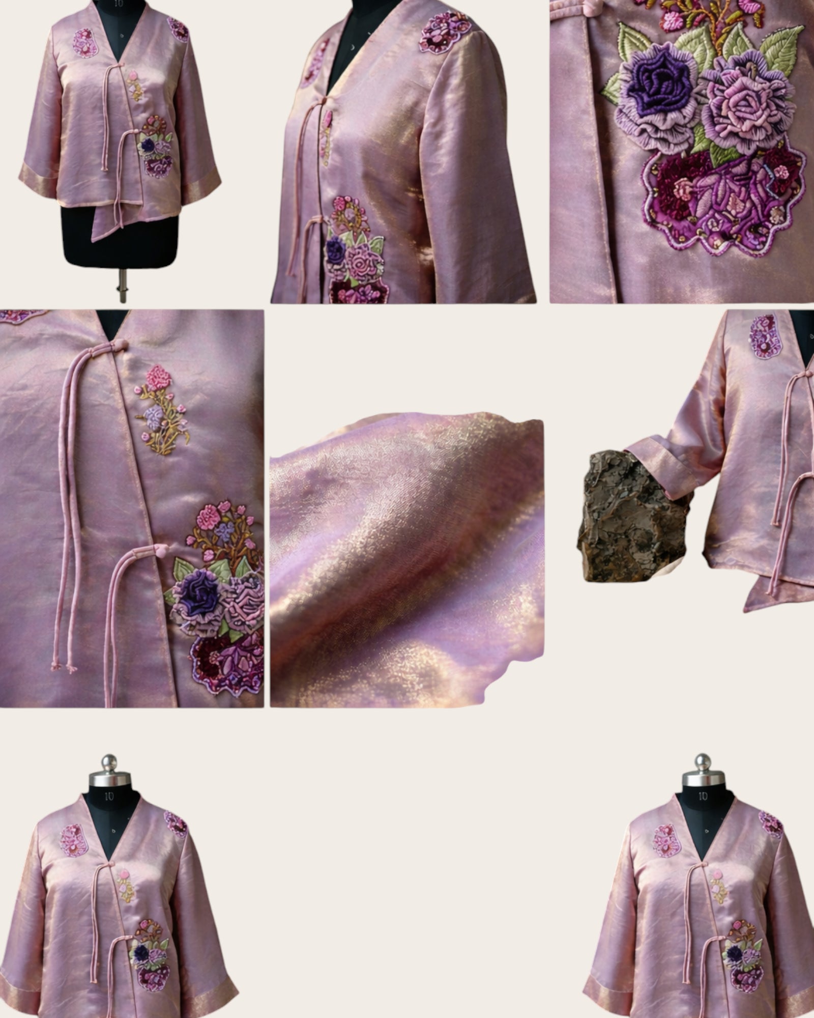 Collage of a pink traditional garment with floral embroidery on a white background
