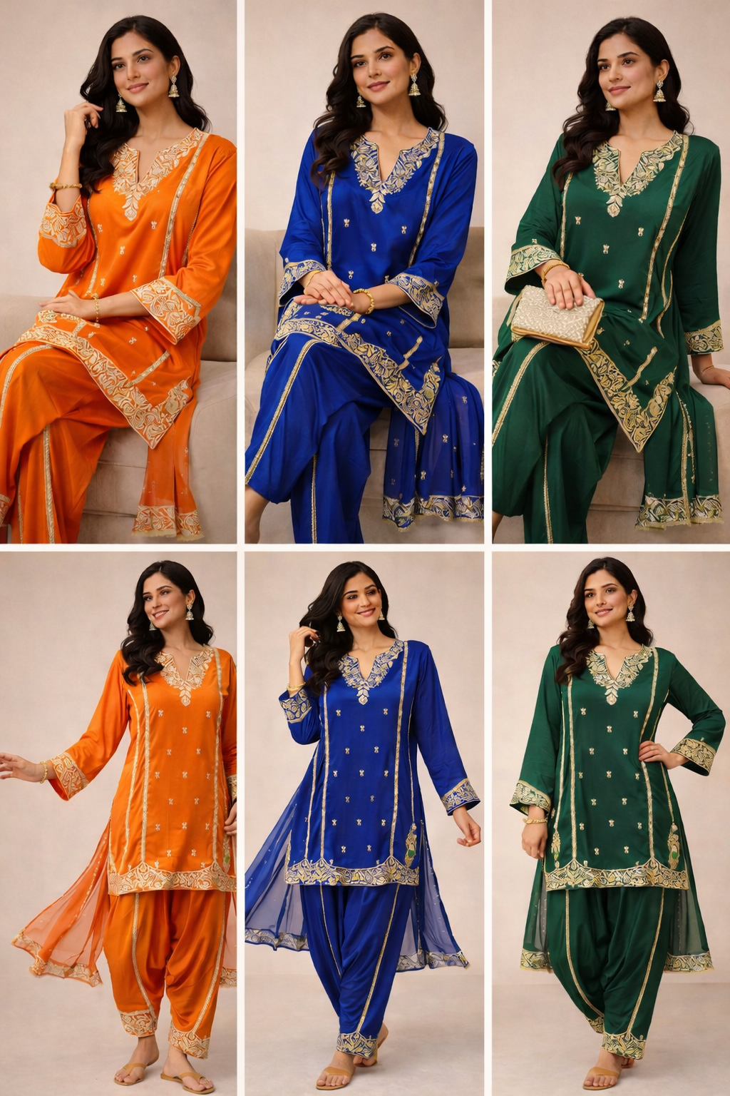 Woman modeling three different traditional outfits in orange, blue, and green with embroidered details.