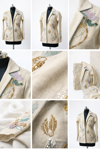 Collage of a beige embroidered jacket with floral and leaf patterns on a white background.