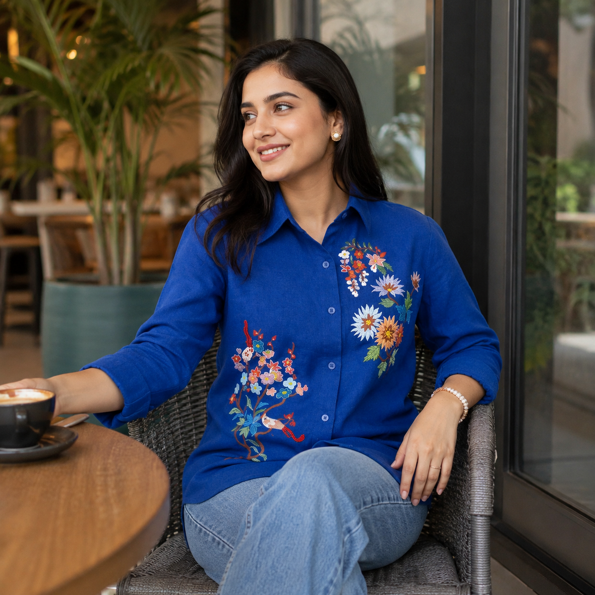 Floral painting & Bird Embroidered Shirt