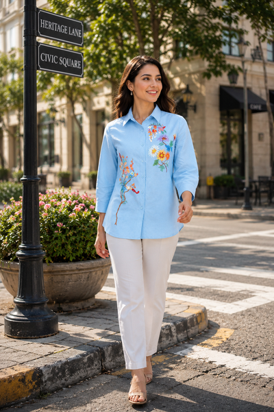 Floral painting & Bird Embroidered Shirt