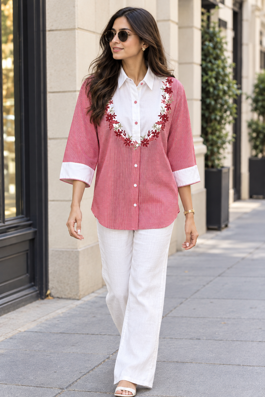 Red gingham checks and delicate floral embroidery