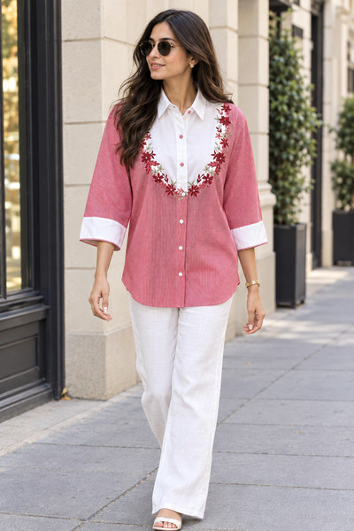 Red gingham checks and delicate floral embroidery