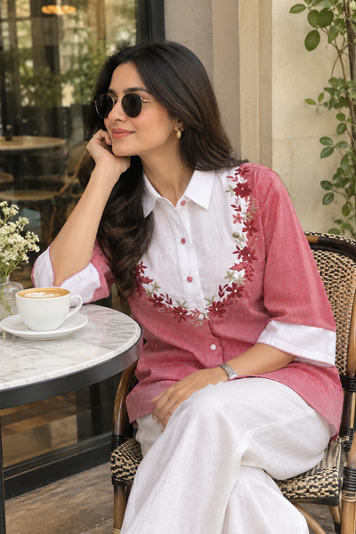 Red gingham checks and delicate floral embroidery