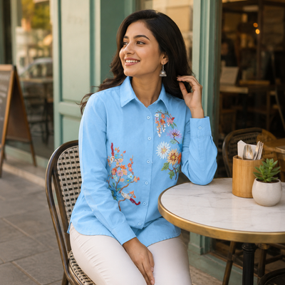 Floral painting & Bird Embroidered Shirt