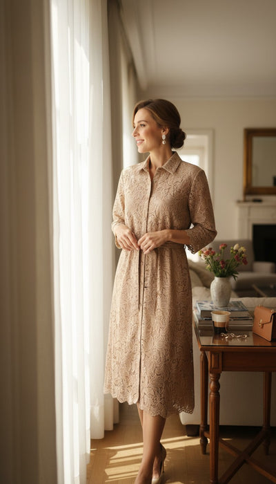 Beige lace shirt dress with belt