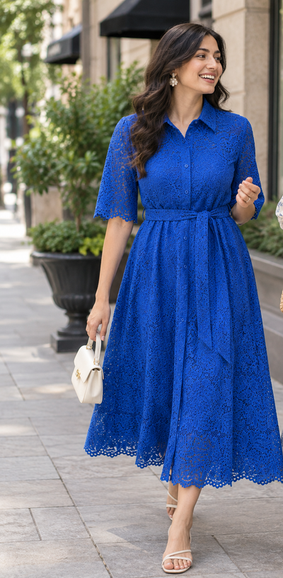 Beige lace shirt dress with belt