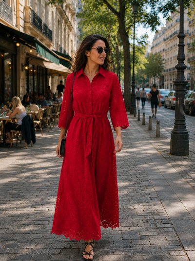 Beige lace shirt dress with belt