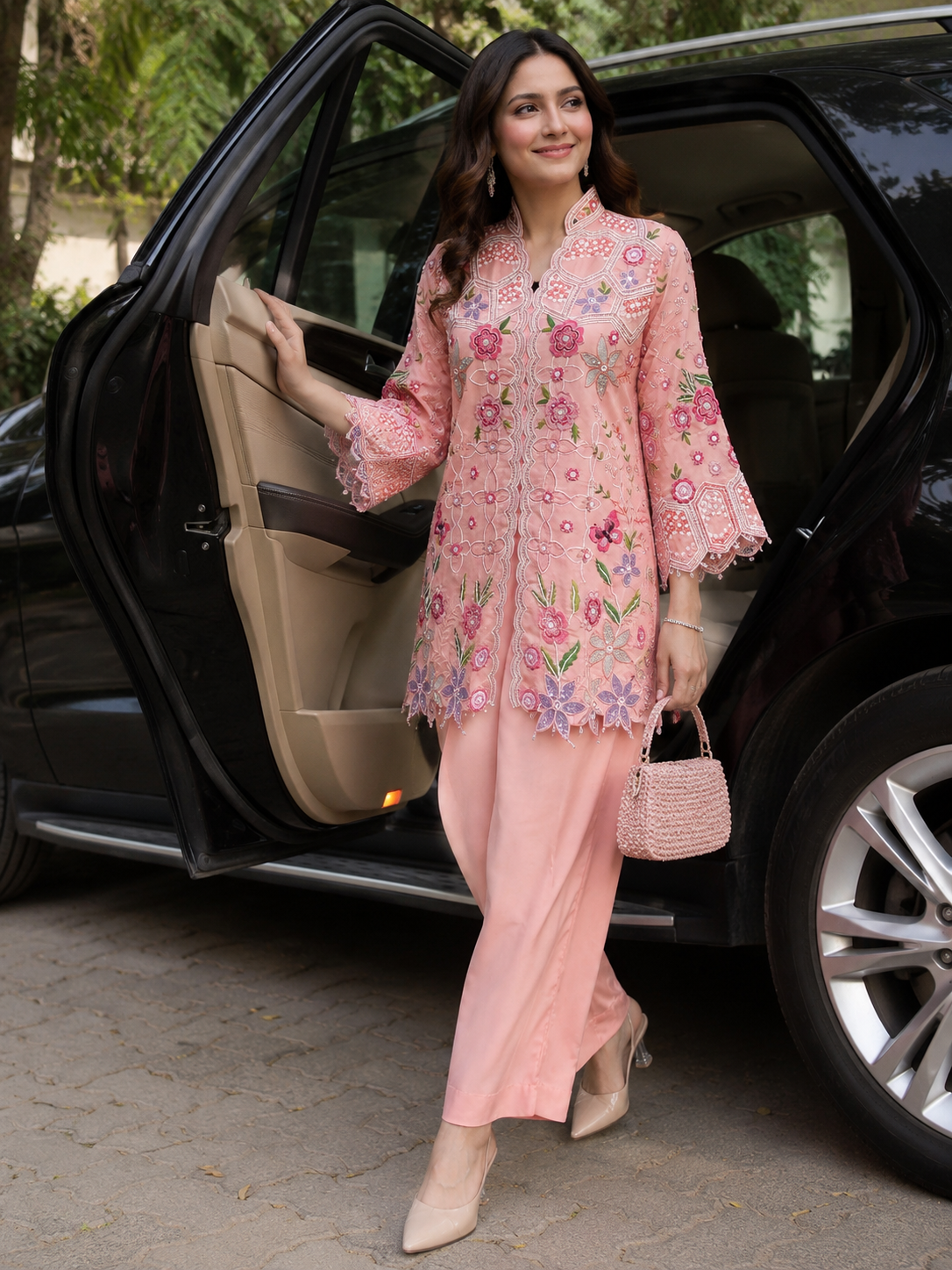 Peach Floral Embroidered Co-Ord Set