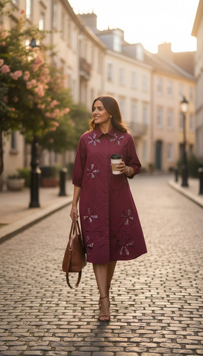 wine-floral-applique-shirt-dress