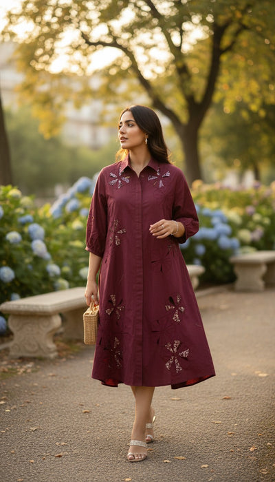 wine-floral-applique-shirt-dress