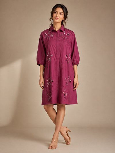wine-floral-applique-shirt-dress