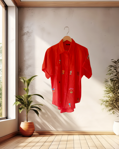 Rust Orange Embroidered Short‑Sleeve Shirt