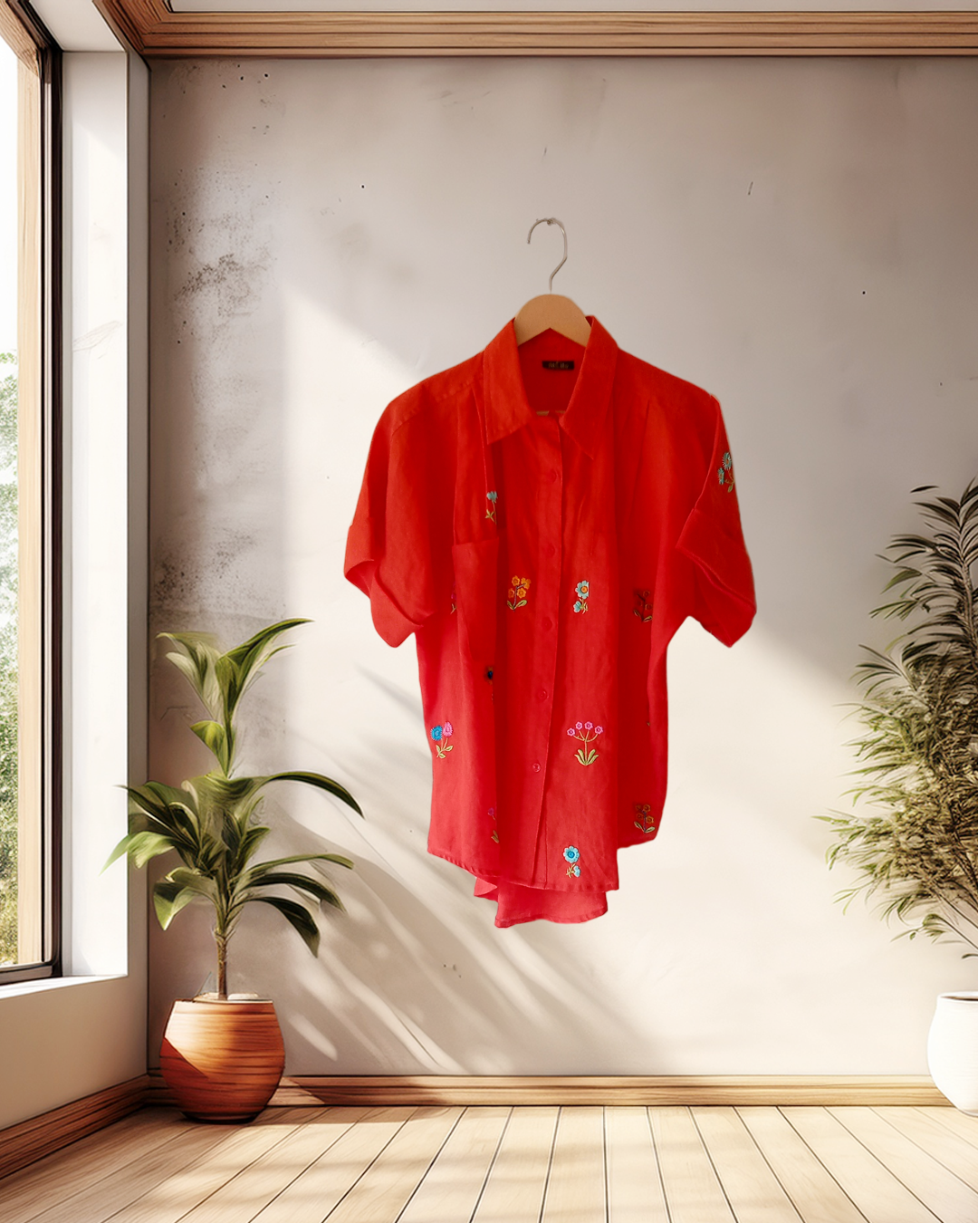 Rust Orange Embroidered Short‑Sleeve Shirt