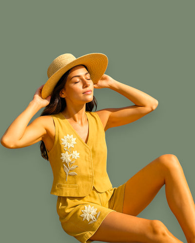 Woman in a yellow outfit with floral embroidery sitting against a green background