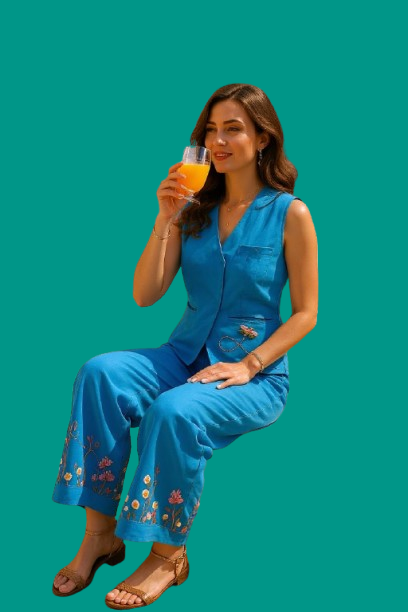 Woman in a blue embroidery outfit holding a glass of orange juice against a teal background