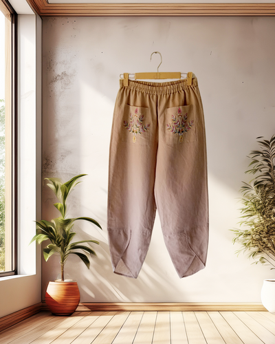 Beige Floral Embroidered Lounge Set