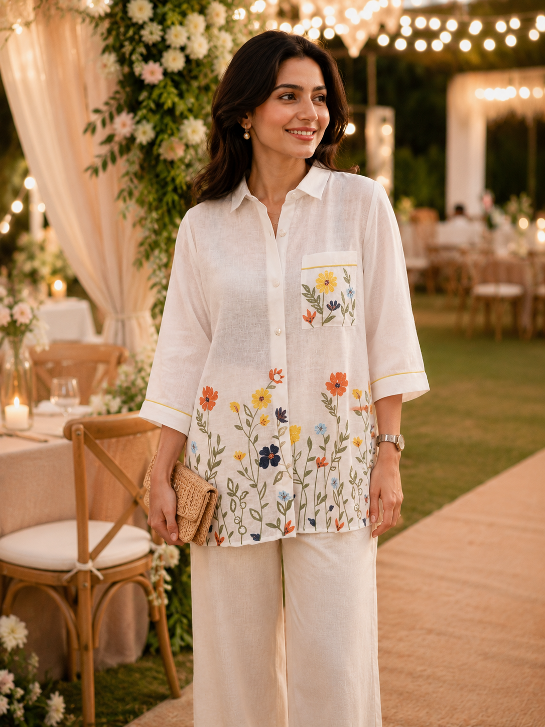 White Floral Embroidered Linen Shirt