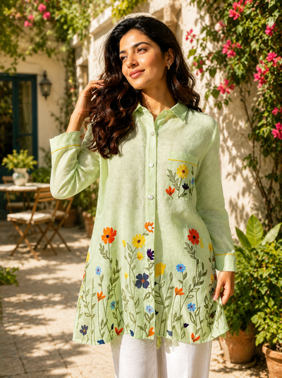 White Floral Embroidered Linen Shirt