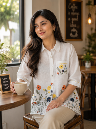 White Floral Embroidered Linen Shirt