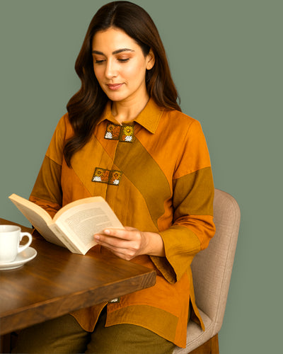 Women wearing a mustard yellow and brown Co-od set