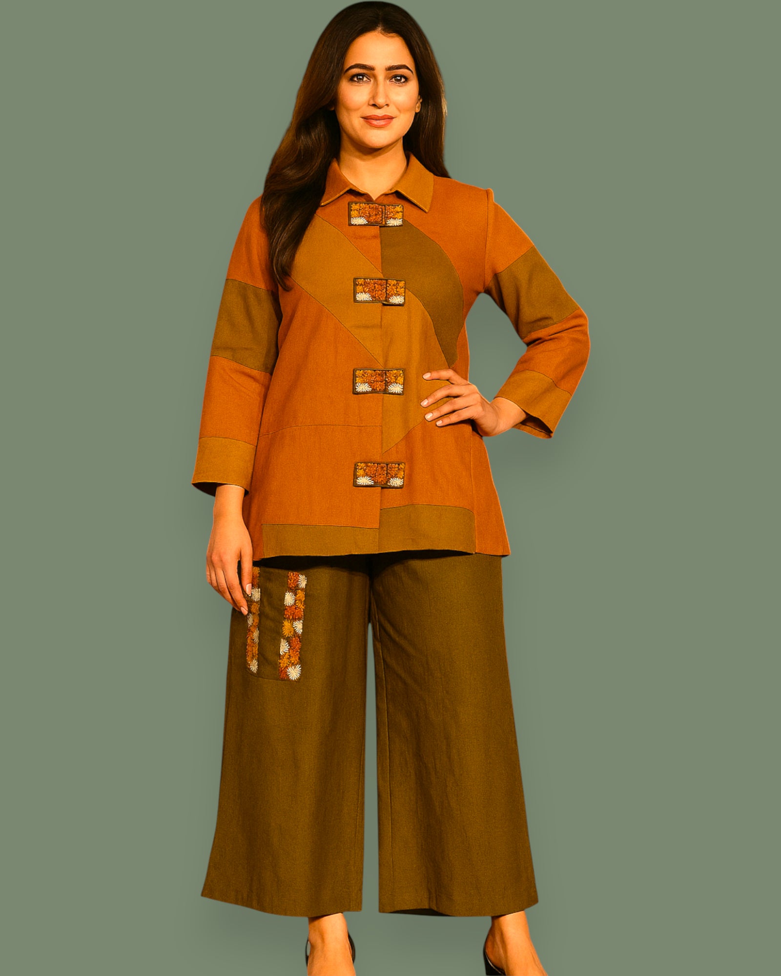 Woman wearing a brown and orange outfit with a matching background