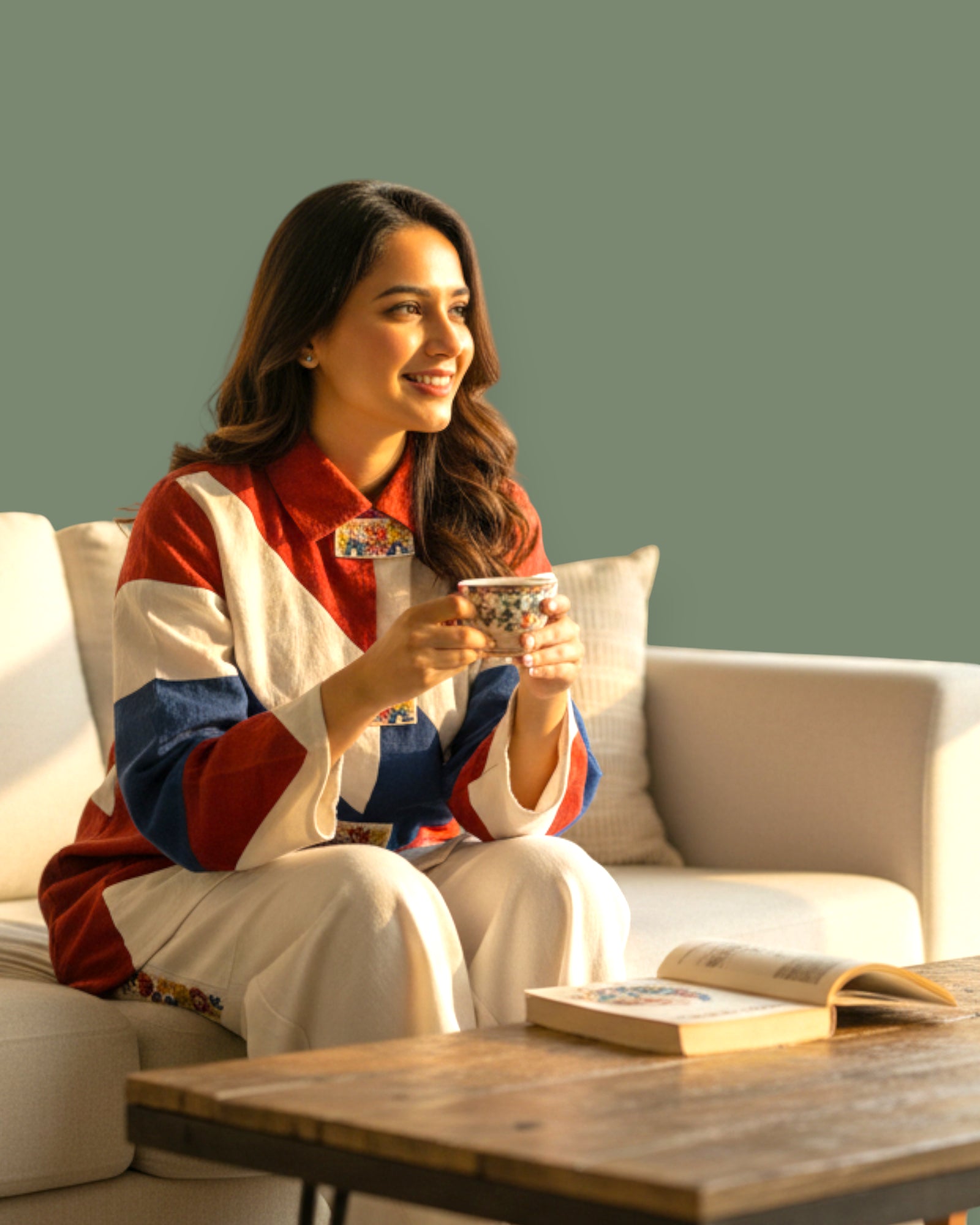 Woman wearing white, red, blue Co-od set.