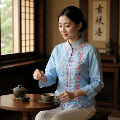 Sky Blue Embroidered Casual Shirt