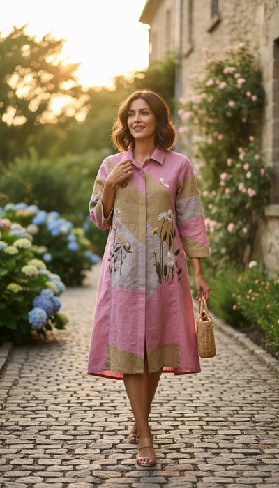 Pink color-block embroidered shirt dress