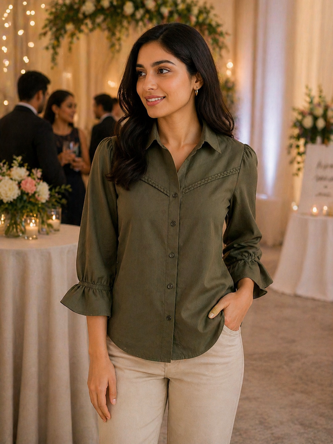 Olive braided yoke shirt