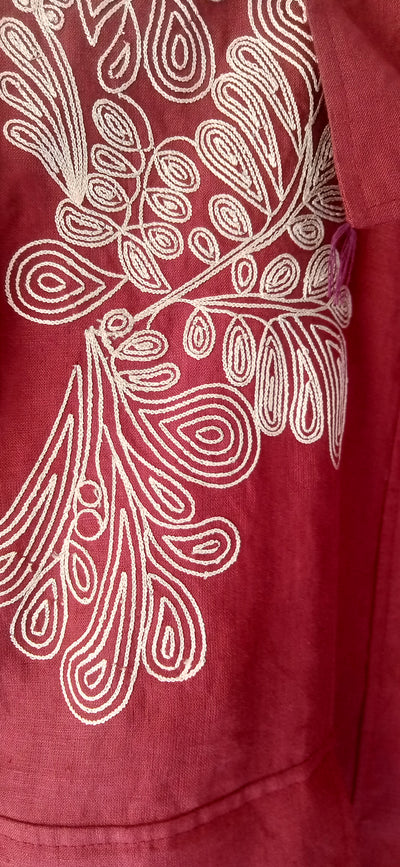 Maroon Floral Embroidered Linen Jacket