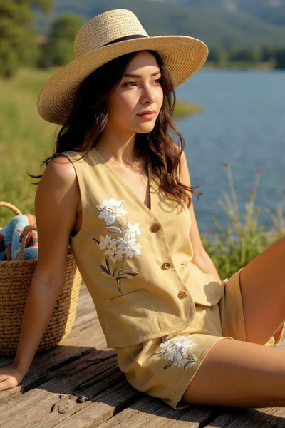 Mustard Linen Vest & Shorts Set