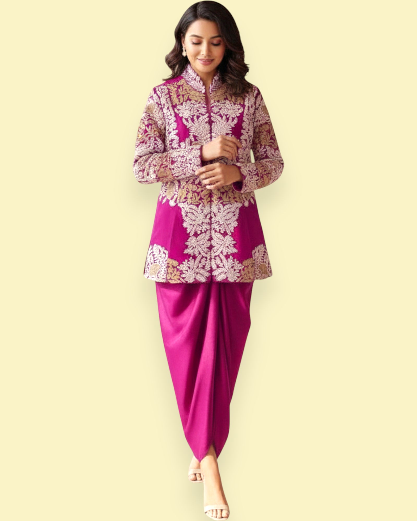 Woman wearing a pink traditional outfit with intricate patterns on a beige background