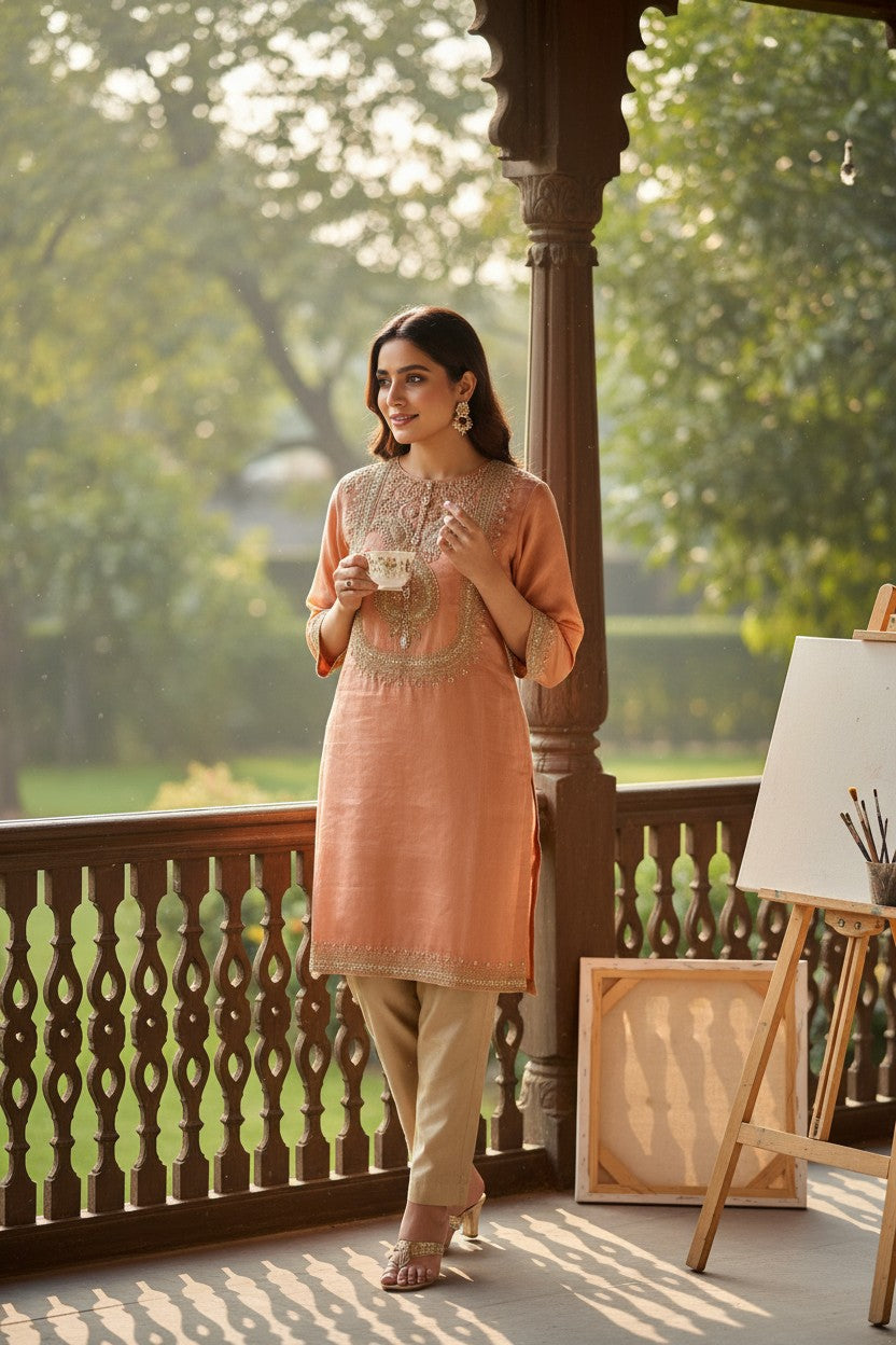 Terracotta Glow Silk-Blend Embroidered Kurta