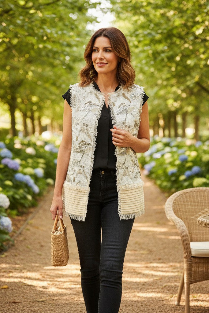 Beige Fringe Embroidered Vest