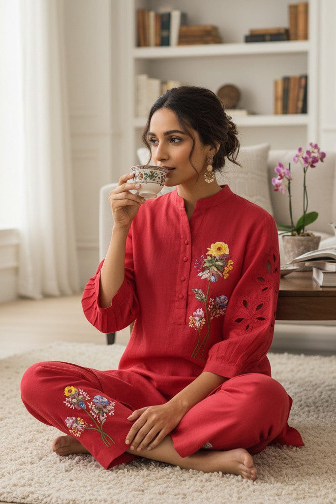 Crimson Floral Embroidered Co‑ord Set