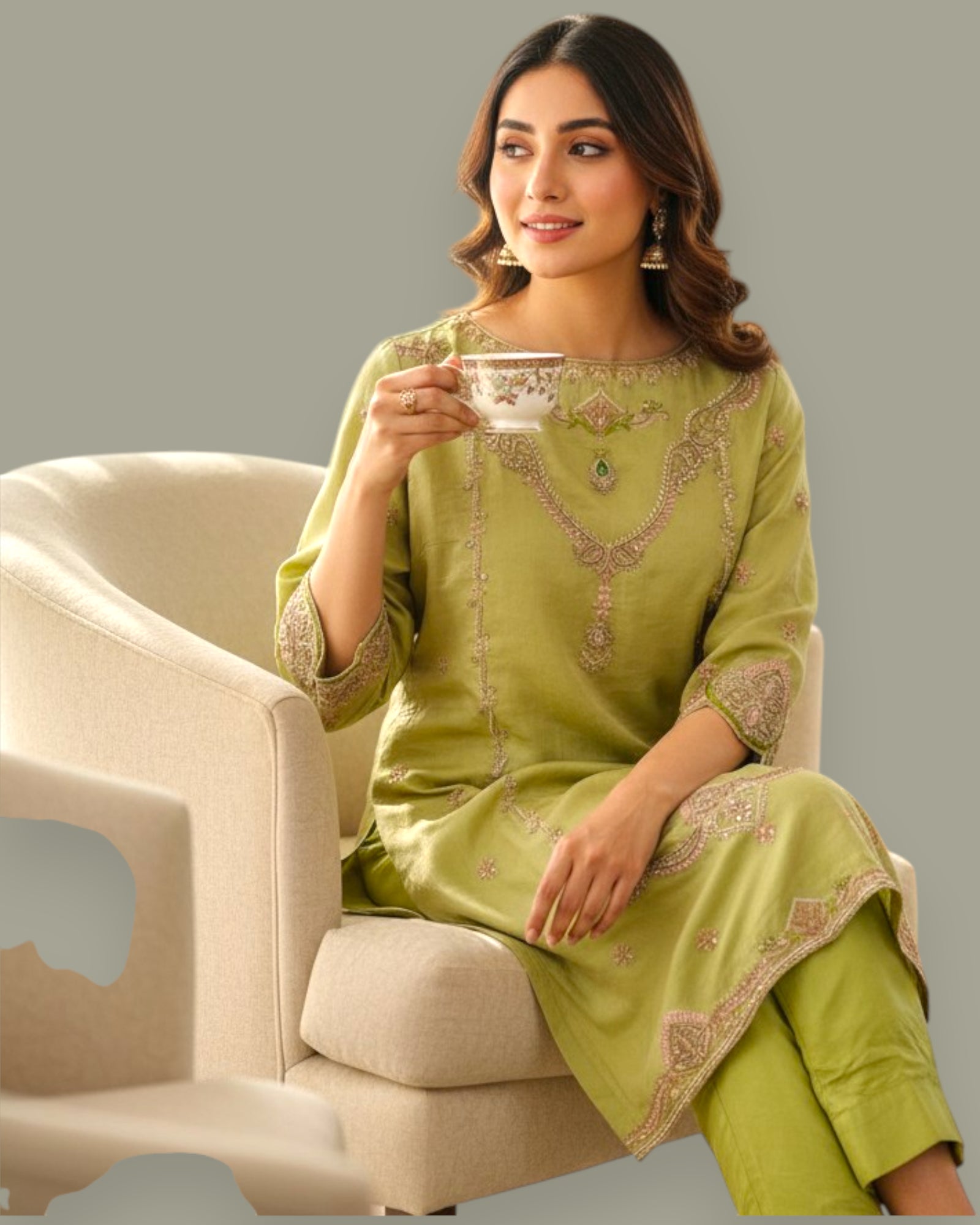 Woman in a green traditional outfit sitting on a beige chair holding a cup.