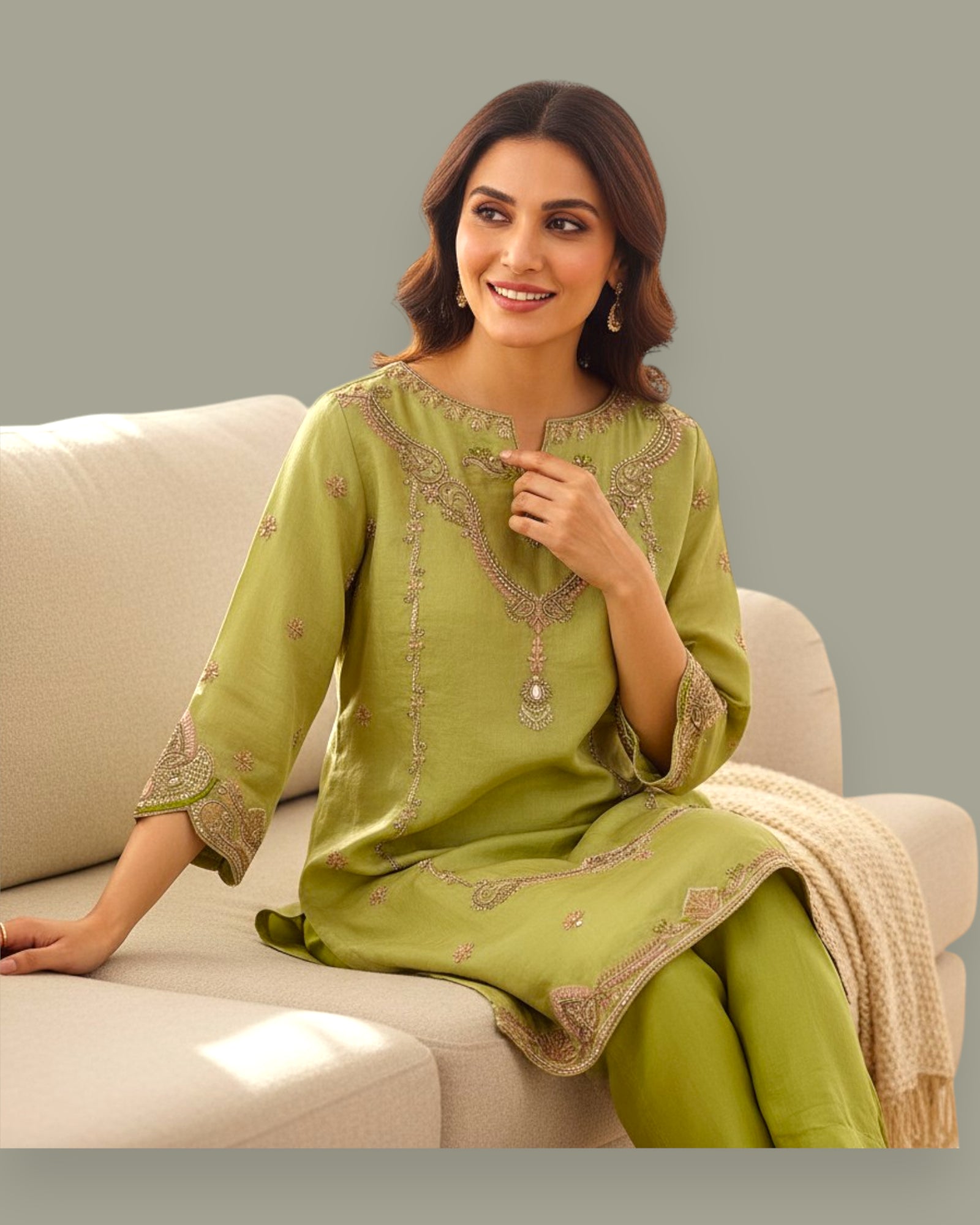 Woman wearing a green embroidered outfit sitting on a beige couch.