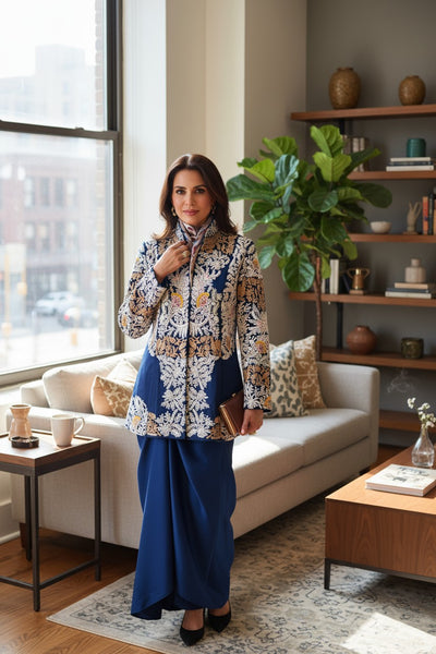 Royal Blue Embroidered Jacket & Drape Skirt Set