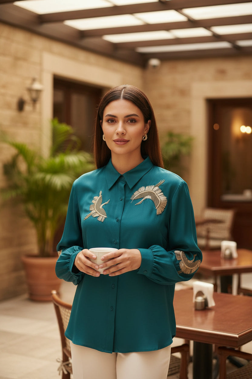 Royal Crane Embroidered Shirt