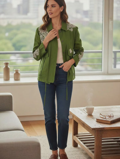 a model wear green jacket with white embroidery design 